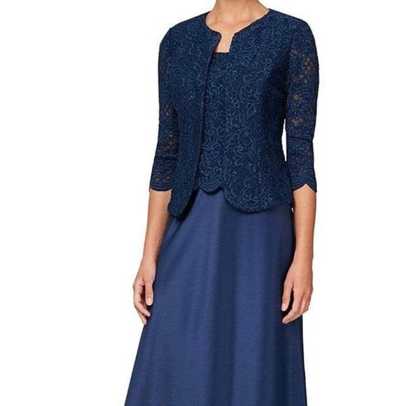 NWT Alex Evenings 81122326 Lace and Satin Mother of the Bride Dress Navy Size 18 - Picture 1 of 10